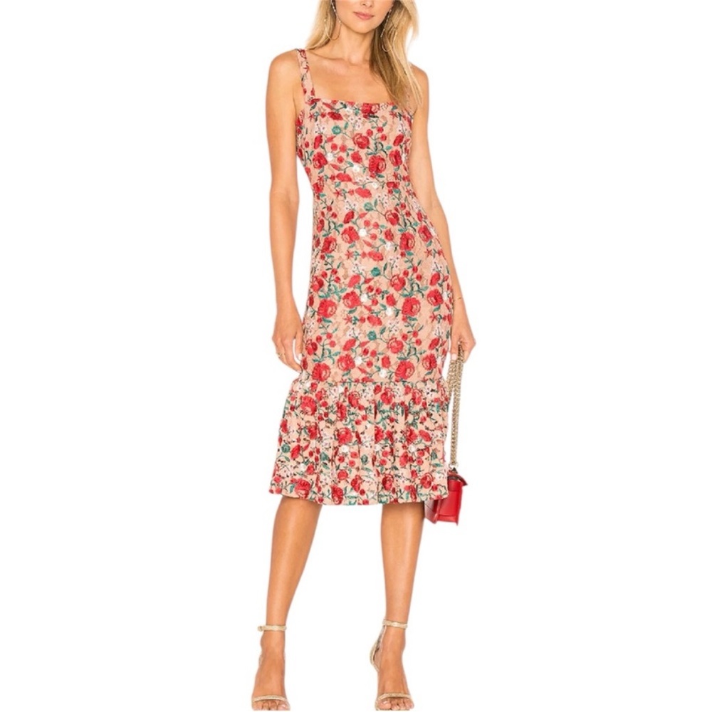Lovers + Friends Xs Under The Stars Midi Dress 0052 Beige Red Floral Lace